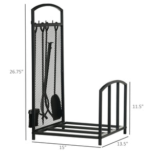 English Elm HOMCOM Black Firewood Rack with 4-Piece Fireplace Tool Set, 220lb Capacity Indoor/Outdoor Log Holder W2225P229413