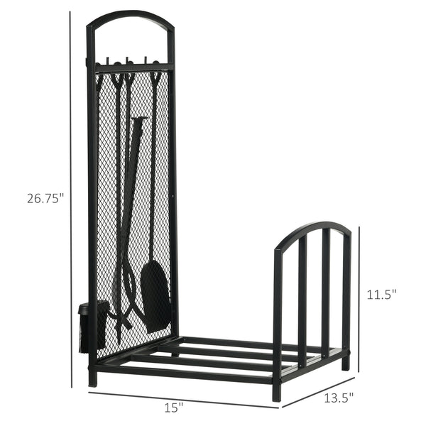 English Elm HOMCOM Black Firewood Rack with 4-Piece Fireplace Tool Set, 220lb Capacity Indoor/Outdoor Log Holder W2225P229413