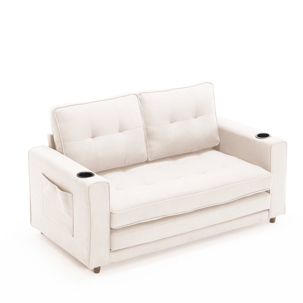 English Elm {VIDEO Modern 3-in-1 Upholstered Futon Sofa Convertible Bed with Tufted Foldable Loveseat, Beige, Storage Cups W2325P195865