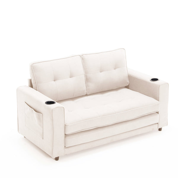 English Elm {VIDEO Modern 3-in-1 Upholstered Futon Sofa Convertible Bed with Tufted Foldable Loveseat, Beige, Storage Cups W2325P195865