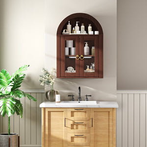 English Elm Wall Mounted Arched Cabinet Tempered Glass Doors Led Lighting Adjustable Shelves Bathroom Brown T3210P471553