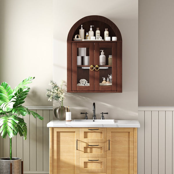 English Elm Wall Mounted Arched Cabinet Tempered Glass Doors Led Lighting Adjustable Shelves Bathroom Brown T3210P471553