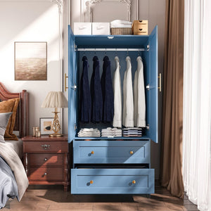 English Elm Shaker Two Door Wardrobe Armoire with Hanging Rod Drawers and Bedroom Storage T3210P477664