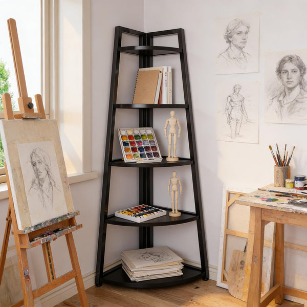 English Elm Tall 5 Tier Corner Ladder Bookshelf with Metal Frame for Living Room Storage T3971P453200