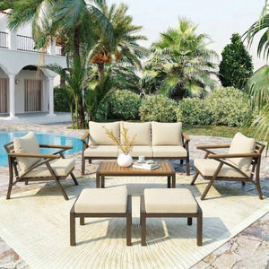 English Elm 6-piece Outdoor Conversation Set with Acacia Wood Accents and Steel Frame Patio Seating Brown,Cream Beige N704G201256A