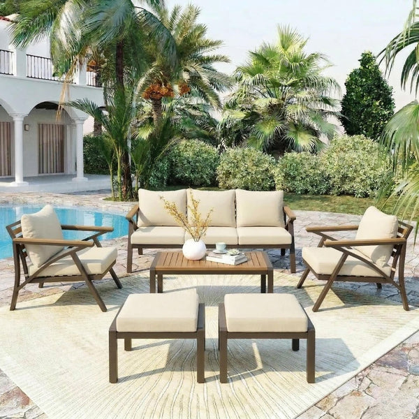English Elm 6-piece Outdoor Conversation Set with Acacia Wood Accents and Steel Frame Patio Seating Brown,Cream Beige N704G201256A