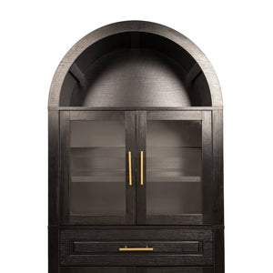 English Elm 71" Arched Glass Barn Door Pantry Cabinet Farmhouse Mdf Storage for Kitchen Dining Black W2917S00016