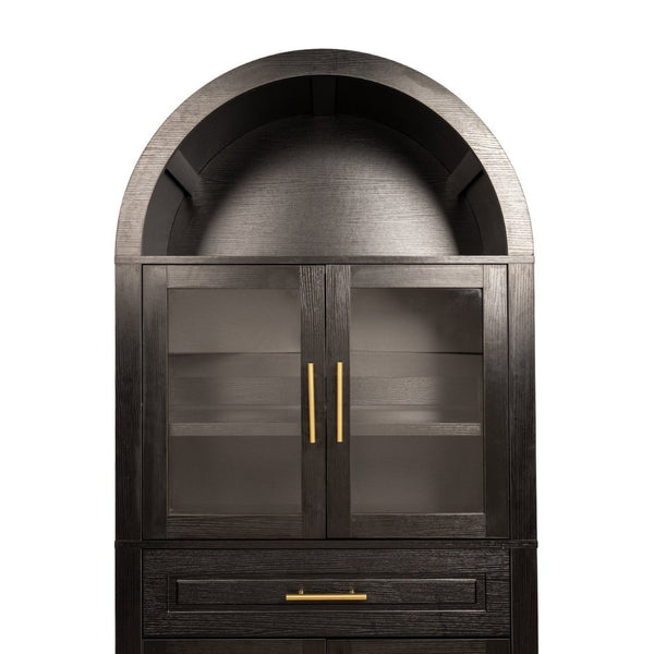 English Elm 71" Arched Glass Barn Door Pantry Cabinet Farmhouse Mdf Storage for Kitchen Dining Black W2917S00016