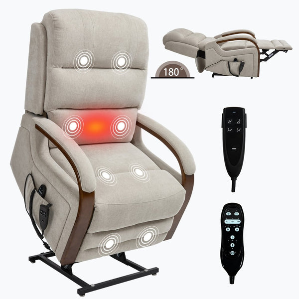 English Elm Power Lift Recliner Chair Chenille Upholstery Dual Motor Heat Massage Solid Wood Arms Beige W1803S00077