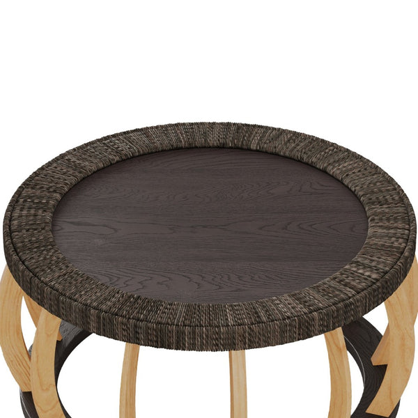 English Elm 35.43"vintage Woven Rattan Round Coffee Table Curved Wood Legs Boho Living Room W757P445115