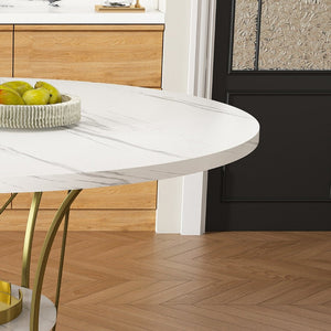English Elm 43 Inch Expandable Round Dining Table Walnut Veneer Seats Six with Metal Storage Shelf Walnut+Gold W2700P411581