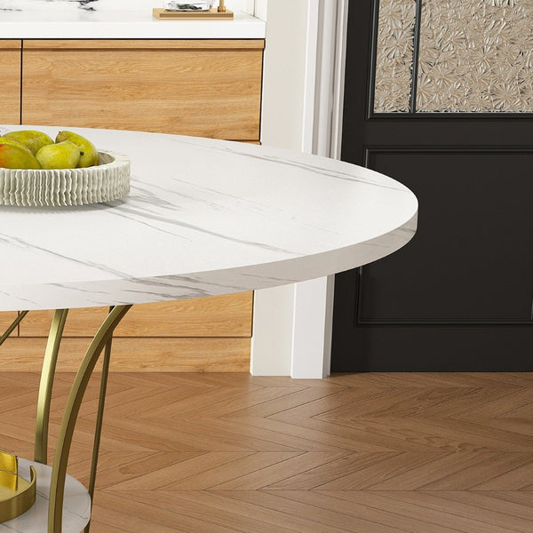 English Elm 43 Inch Expandable Round Dining Table Walnut Veneer Seats Six with Metal Storage Shelf Walnut+Gold W2700P411581