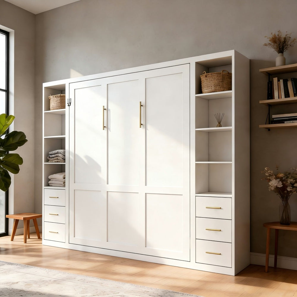 English Elm Desk Murphy Wall Bed Queen with Side Storage Cabinets for Home Office Study W5290S00003