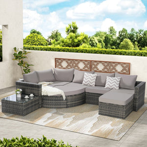 English Elm 8 Piece Outdoor Wicker Sectional Sofa Set - Gray Rattan Curved 3-Seater, Ottomans, Glass Table, Weatherproof Durable Comfort W874S00039