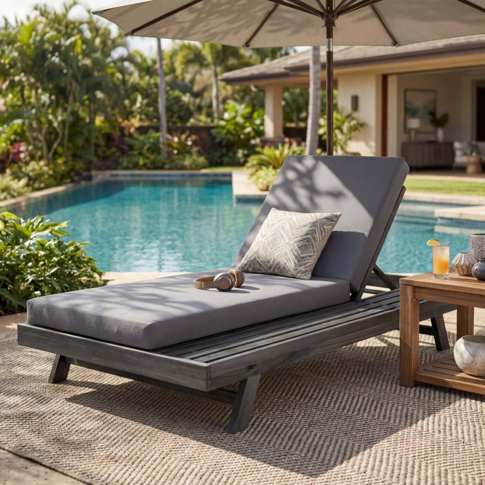English Elm Lounge Chaise Outdoor Acacia Wood Slatted Frame with Water Resistant Cushion Resort Style Black,Dark Grey N770P442B429CUSHDGRY
