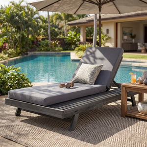 English Elm Lounge Chaise Outdoor Acacia Wood Slatted Frame with Water Resistant Cushion Resort Style Black,Dark Grey N770P442B429CUSHDGRY