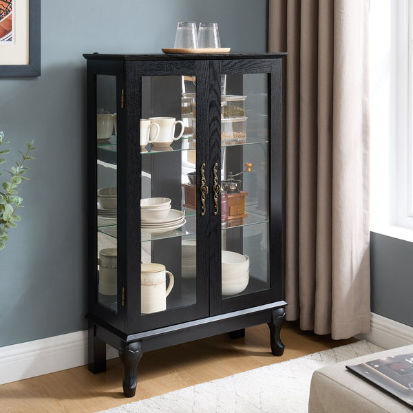 English Elm Curio Cabinet with Lighted Tempered Glass, Mirrored Back, Adjustable Shelves, Vintage Handle — Black W2275P389705
