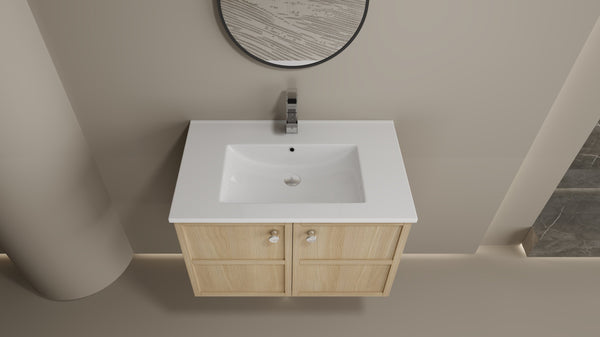 English Elm 30" Oak Wall-Mounted Bathroom Vanity with Ceramic Sink, 2 Soft-Closing Doors, Plywood Build, Space-Saving Design W1972S00022