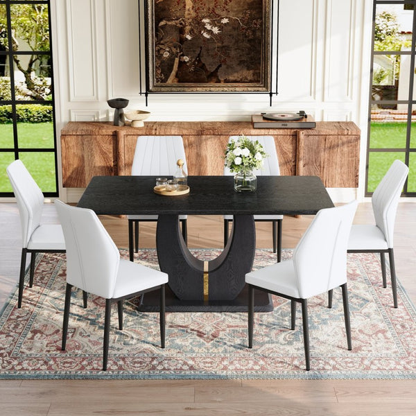 English Elm Black Wood Grain Mdf Dining Set for Six with White Shell Back Pu Leather Chairs W1151S04436