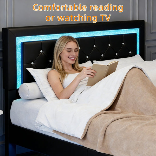 English Elm Full Size Floating Platform Bed Tufted Upholstered Headboard with Rgb Led Underlighting Black W3107P419249