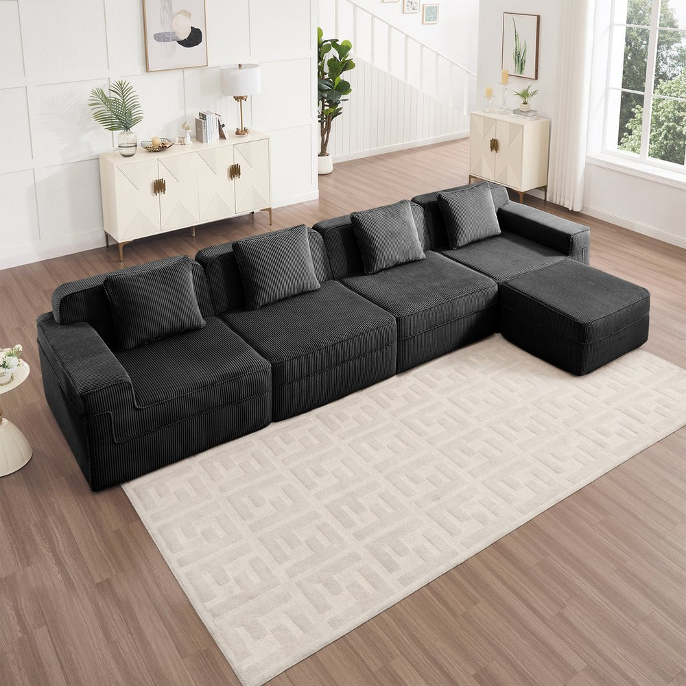 English Elm Modular 4-Seat L-Shaped Sectional Sofa In Black Corduroy - Cloud-Like Comfort With Ottoman & Pillows W3041S00328