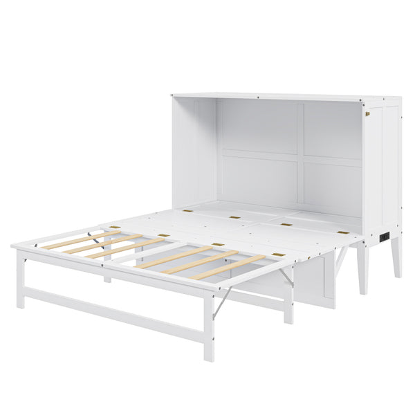 English Elm Queen Murphy Bed with Shelf & Built-In USB Charging Station, Space-Saving White Wall Cabinet Design SM000338AAK