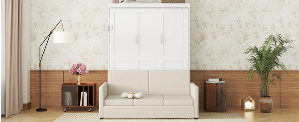 English Elm Queen Murphy Bed with Linen Cushion Sofa Folds Flat for Studio or Guest Room White LP000891AAK-1