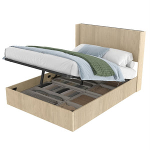 English Elm A Queen Oak Platform Bed with Lift Storage Grooved Panels and Hydraulic Base W1858P390003