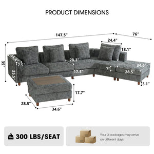 English Elm 147'' Modular Cloud Sectional Chenille Sofa with Two Ottomans for Spacious Living W680S00098