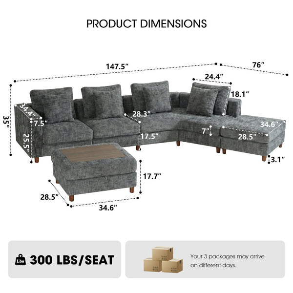 English Elm 147'' Modular Cloud Sectional Chenille Sofa with Two Ottomans for Spacious Living W680S00098