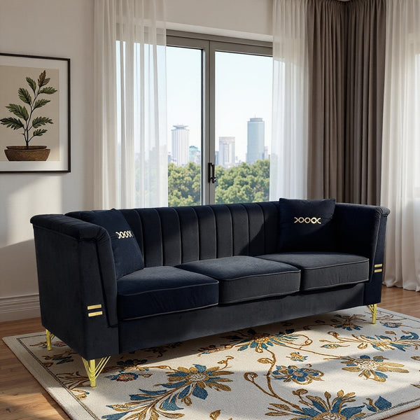 English Elm Fx-P82-Bk2 Modern Velvet 3-Seater Sofa With 2 Pillows | Elegant Chesterfield Design & Glam Gold Legs W576S00215