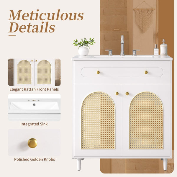 English Elm 30" Rattan Front Bathroom Vanity Solid Pine Cabinet with Ceramic Sink and Adjustable Shelf White N710P293988K