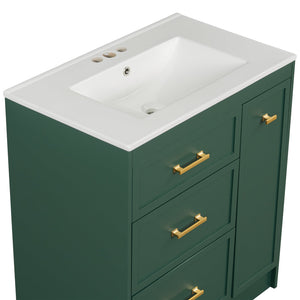 English Elm Classic 30" Forest Green Bathroom Vanity with Gold Handles, Double-Layer Drawer, Ceramic Sink Elegance N729P194978F