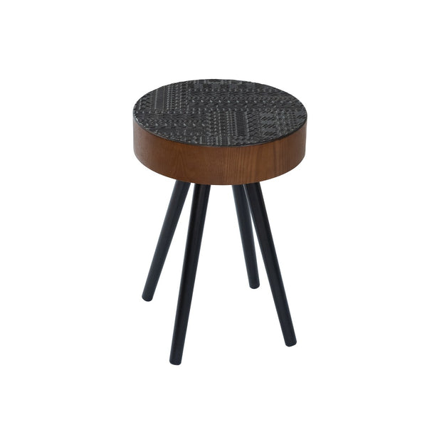 English Elm 15.7-inch Round Carved Mdf Accent Table Distressed Vintage Style for Bedroom or Living Room W3935P406044