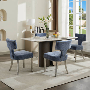 English Elm Mid Century Modern Dining Chairs with Copper Nail Trim, Plush High-Density Foam Seats, Brushed Steel Legs Blue W1143P314901