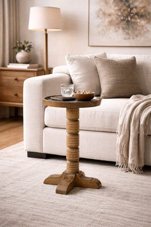 English Elm Spot Pedestal Accent Table with Turned Base and Sculpted Feet for Cozy Living Spaces Almond B2699P447489