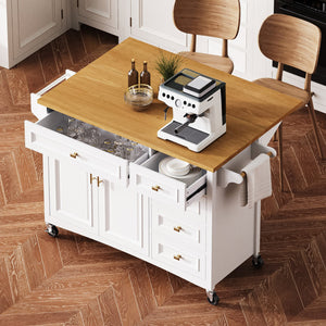 English Elm K&K 52" Kitchen Island with Embossed Farmhouse Texture, Drop Leaf, Spice & Towel Racks, Wheels White N707P195393W