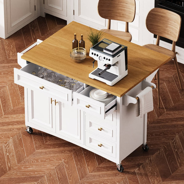 English Elm K&k Farmhouse Rolling Kitchen Island Oak Veneer Top with Drop Leaf and Storage Drawers White N707S195393W