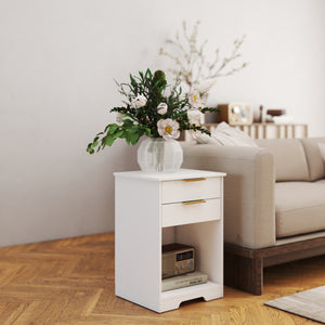 English Elm Nighstand White 2-Drawer Nightstand with Open Shelf, Gold Handles, Modern Compact End Table W3151P346294