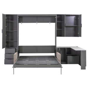 English Elm Queen Murphy Wall Bed Hydraulic Lift Velvet Sofa Built-in Shelves Led Studio Unit Dark Gray LP000392AAE