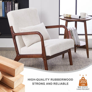 English Elm Mid-Century Beige Accent Chair Upholstered Armchair with Pillow, Solid Wood Frame, Ergonomic Comfort W2989P295373