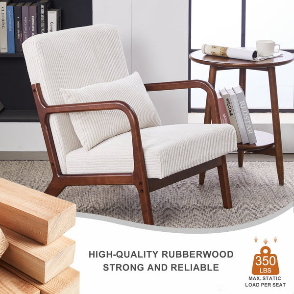 English Elm Mid-Century Beige Accent Chair Upholstered Armchair with Pillow, Solid Wood Frame, Ergonomic Comfort W2989P295373