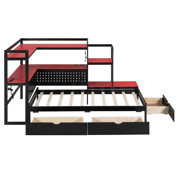 English Elm Twin Gaming Daybed with Led Strips Desk Pegboard Bookcase and Three Storage Drawers Black+Red N820S00083J