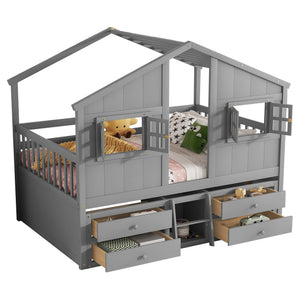 English Elm Full Size House Loft Bed With Roof & Windows, 4 Storage Drawers, Safe Pine Frame In Grey Finish W504S00241