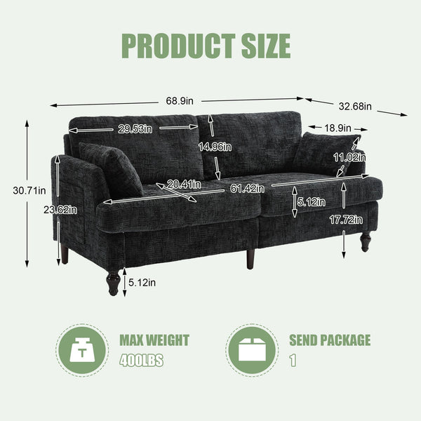 English Elm Modern chenille 2-seater sofa with LED lighting, USB charging, storage pocket, sturdy wood legs Black W395P318548