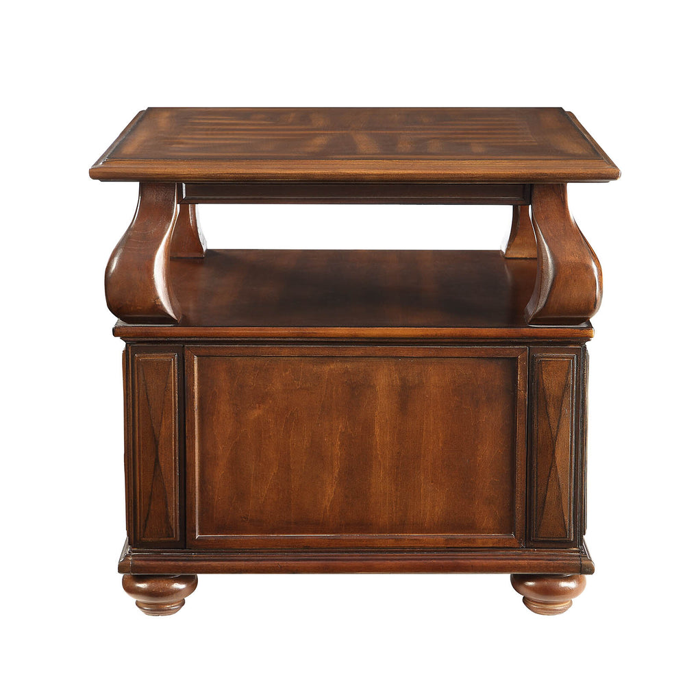 English Elm Walnut 2-Drawer End Table with Open Shelf, Rich Finish, Round Bun Legs for Stylish Storage and Charm B062P209058