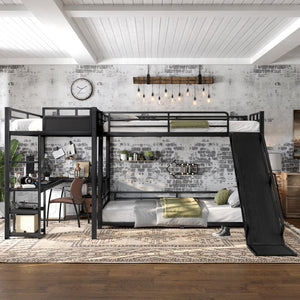 English Elm L-shaped Metal Triple Bunk Bed with Slide Desk Shelves Sleep Study Play Zone W1580S00280