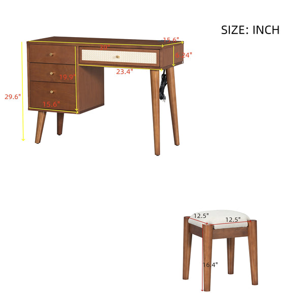 English Elm 39" Retro Bohemian Makeup Vanity Set with Rattan Drawers, USB Charging Port, Cushioned Stool, 4-Drawer Storage Walnut 44.1 L x 18.75 W x 10.5 H N733P180011D