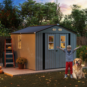 English Elm Outdoor Metal Storage Shed 8x8 Ft with Four Windows and Lockable Double Doors White W1598S00037
