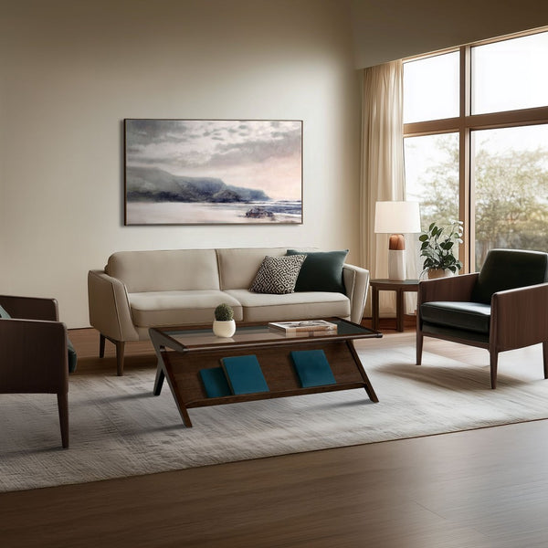 English Elm Wood and Tempered Glass Mid-century Coffee Table with Open Shelf for Living Room B035P408395